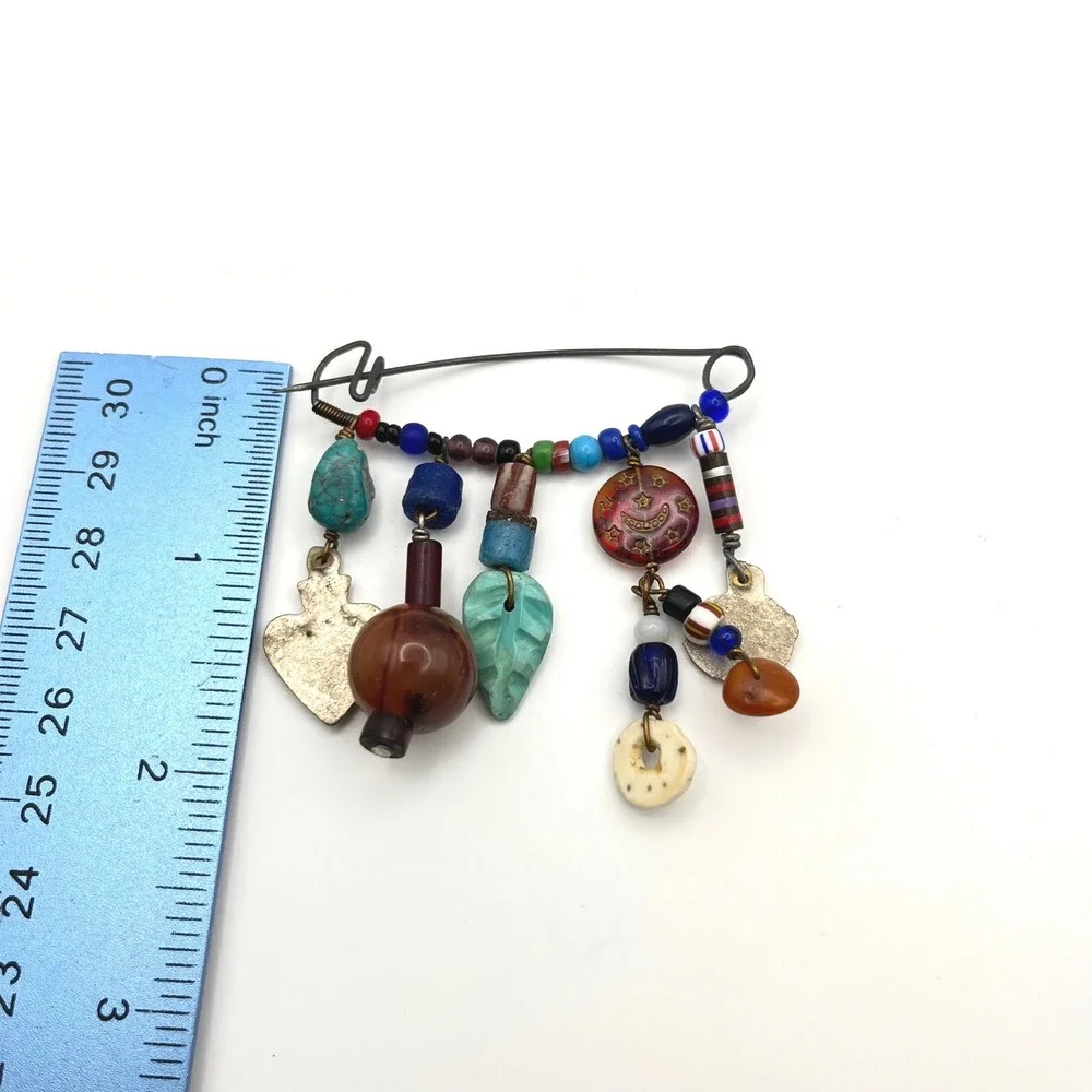 Vintage Fetish Brooch Mixed Media Charm Safety‎ Pin Glass Bead Celestial Heart